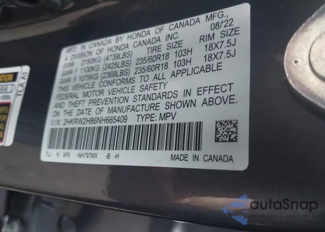 2022 Honda Cr-V Awd Ex-L from USA, damaged, VIN 2HKRW2H86NH665409